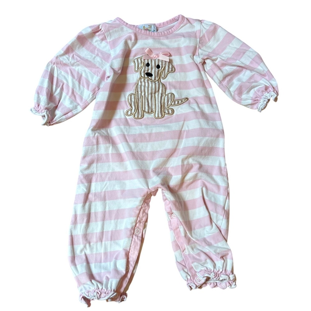 Busy Bees Smocked Romper Kids Pink Striped Puppy Dog Applique SIZE 12M - Picture 1 of 6